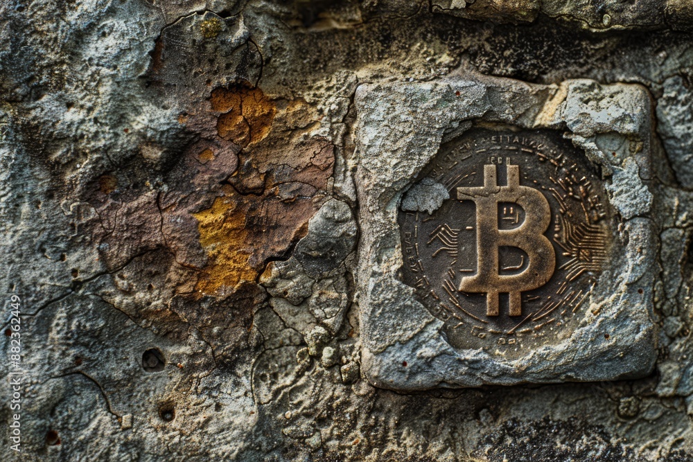 Poster a close-up shot of a bitcoin coin embedded in a block of weathered stone, symbolizing the integratio