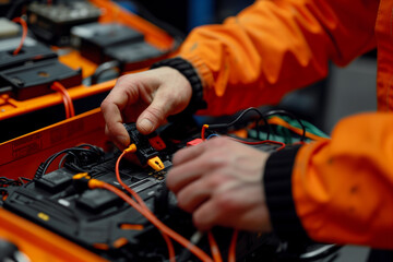 detailed view of a technician's hands checking and repairing the car's electrical system and battery, emphasizing the importance of regular maintenance for vehicle performance. Per