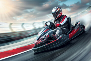 professional kart racer in a sleek driver suit and helmet, speeding down the track with intense focus and skill. Perfect for racing school advertisements, competitive karting promo