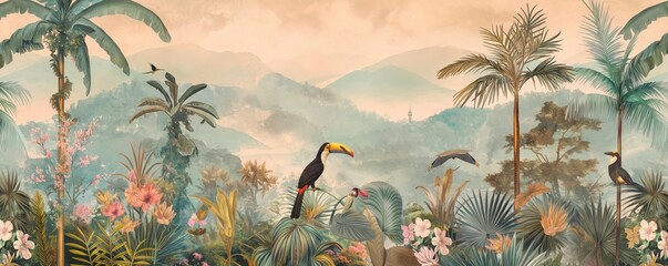 Vintage wallpaper of a tropical jungle with vibrant toucans, playful mongooses, and tall palm trees in pastel hues, showcasing an enchanting rainforest with exotic flowers and rolling hills. 