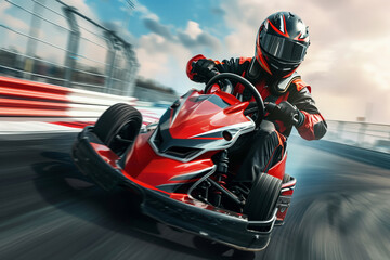 professional kart racer in a sleek driver suit and helmet, speeding down the track with intense focus and skill. Perfect for racing school advertisements, competitive karting promo