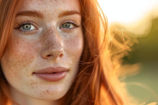 A young woman with long, red hair and freckles looks directly at the camera, illuminated by soft natural light