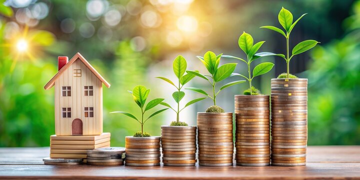 A miniature model house on a pedestal surrounded by rising graphs, coins, and a small plant, symbolizing successful real estate investment and business growth strategy.