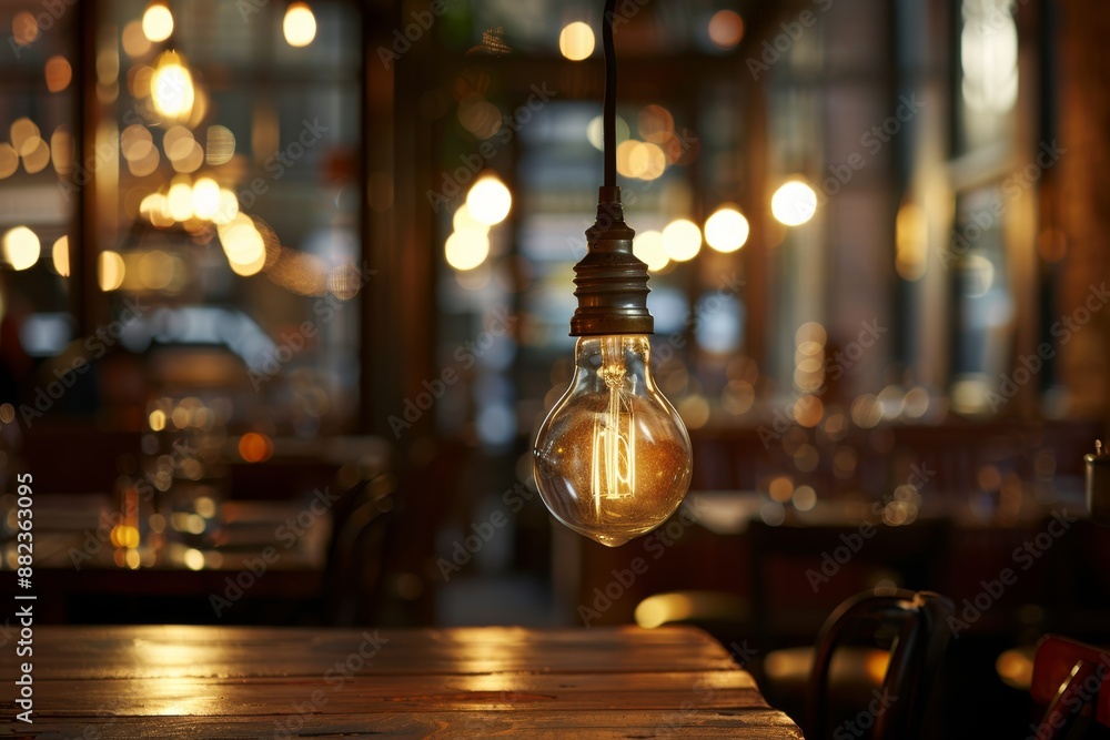 Poster a single vintage light bulb hangs above a rustic dining table in a dimly lit restaurant. the table i