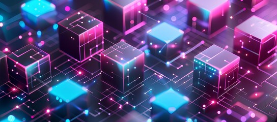 Fototapeta premium A futuristic and vibrant illustration of cubes arranged in an isometric pattern, with glowing neon lights and digital connections representing the advanced technology behind blockchain networks