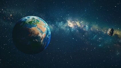 The Earth is in space, with the Milky Way galaxy visible in its background. A small spaceship flies towards it. The planet earth has green vegetation and blue oceans on one side of the picture