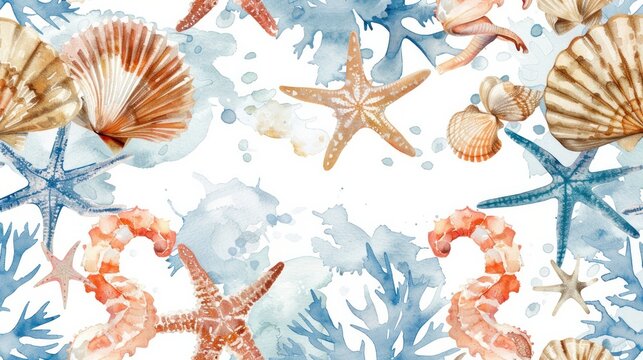 A seamless watercolor pattern showcasing diverse sea life, adding a vibrant touch to underwater-themed designs.

