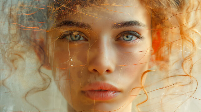 Is beauty a feminine attribute? Beautiful faces in the background of the picture. Smooth lines, pure colors