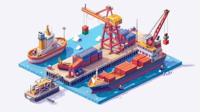 An isometric illustration of a bustling seaport with cargo ships, barges, containers, and cranes in operation.


