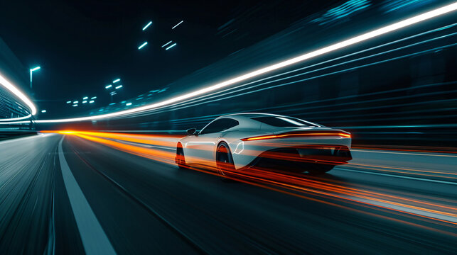 Futuristic Car Speeding Through City at Night
