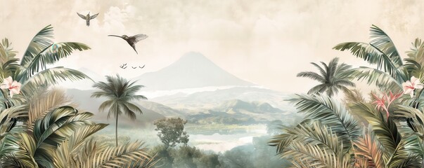 Vintage wallpaper of a tropical paradise with hummingbirds, coconut trees and distant volcanoes in soft pastel shades. mural art style. 