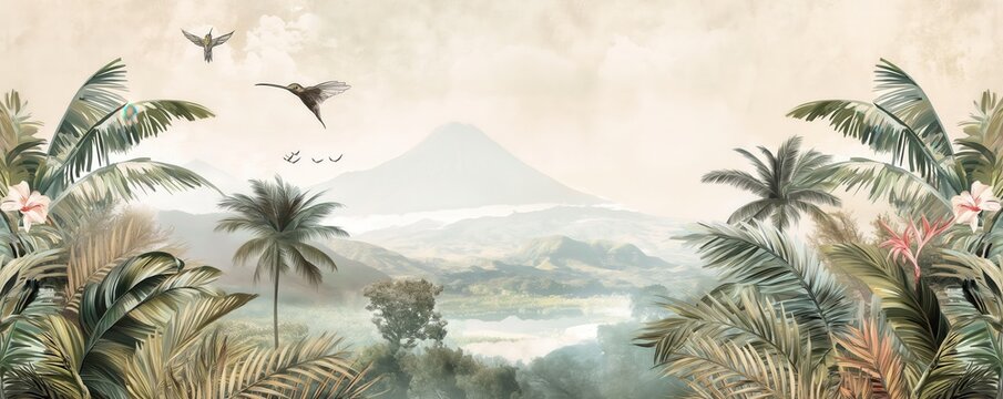Fototapeta Vintage wallpaper of a tropical paradise with hummingbirds, coconut trees and distant volcanoes in soft pastel shades. mural art style. 