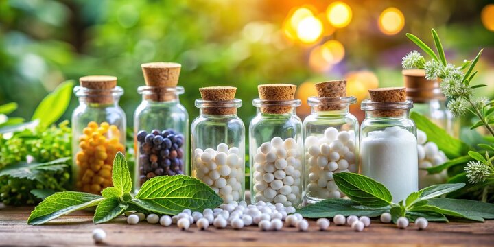 Natural blurred background highlights bottles of white homeopathic globules and assorted herbs, showcasing alternative medicine practices for a healthy and balanced lifestyle.