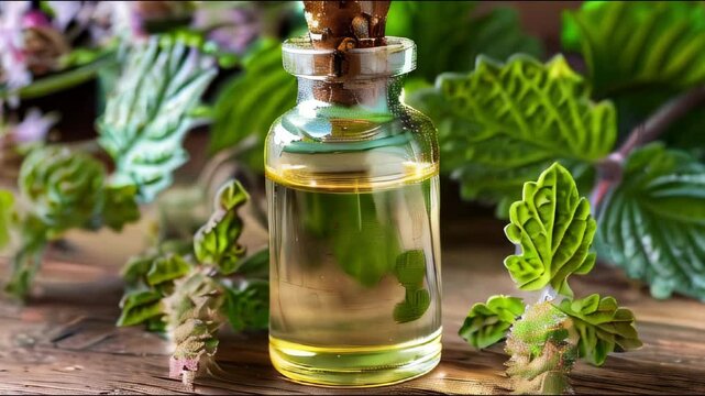 patchouli essential oil in the glass bottle, with fresh patchouli leaves, patchouli oil, aromatic oil, cosmetic product
