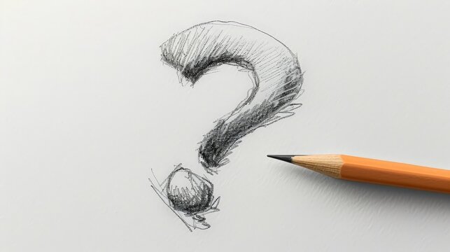 A pencil and a question mark scribble on a white background