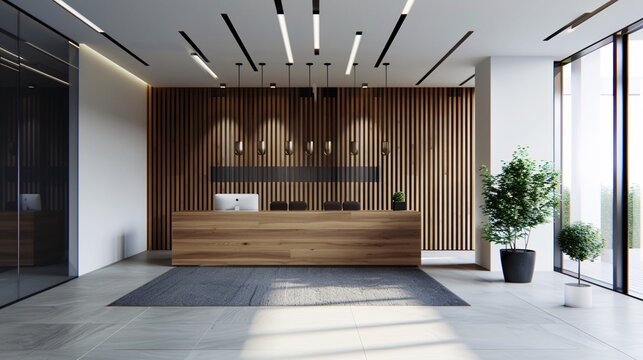 Modern reception area with desk and plants