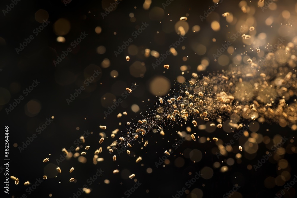 Poster pollen grains float in mid-air against a dark backdrop illuminated by soft side lighting, creating a