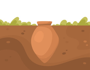 A traditional Georgian qvevri, a large clay vessel used for winemaking, buried in the ground. Vector illustration in flat style isolated on white background