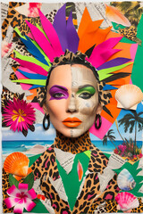 Obraz premium A poster of a woman collage with a colorful hat and a colorful hat with a woman wearing a colorful headband 