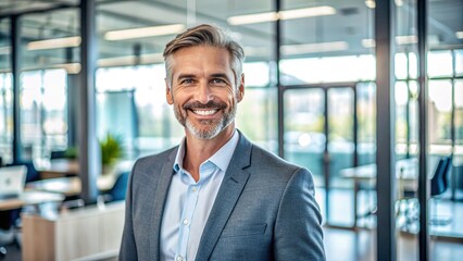Portrait of confident businessman in business casual. Happy middle aged, mid adult, mature age man smiling. Entrepreneur in modern office.