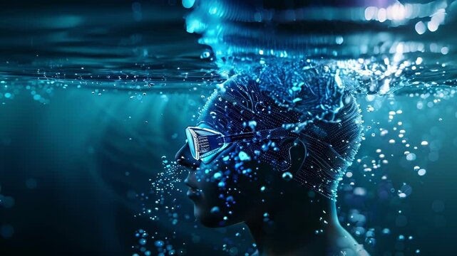 A swim cap with builtin sensors that record lap times stroke count and distance swum all transmitted wirelessly through a 5G connection for instant analysis and swim training.