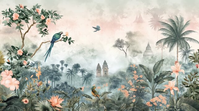 Fototapeta Vintage wallpaper of a vibrant jungle with macaws, flowering trees and ancient temples in pastel palettes. mural art style. 