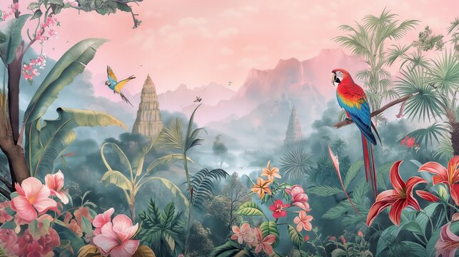 Vintage wallpaper of a vibrant jungle with macaws, flowering trees and ancient temples in pastel palettes. mural art style. 
