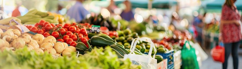 Fresh vegetables and fruits on display at a bustling farmers market with people in the background,...