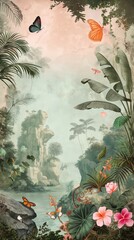 Vintage wallpaper of a wild rainforest with rare butterflies, lush flora and hidden caves in soft pastel colors. mural art style. 