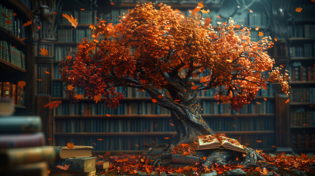 Library with Autumn Tree & Falling Leaves Amongst Bookshelves Background Wallpaper