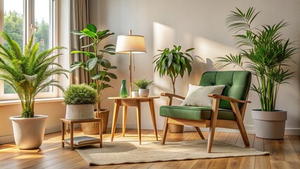 Cozy living room setup featuring a sturdy wooden chair with a vibrant green potted plant on a side table, surrounded by warm neutral colors.