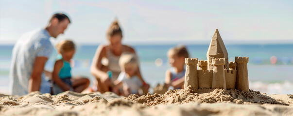 Family enjoying a day at the beach, building a sandcastle together with the ocean in the background.