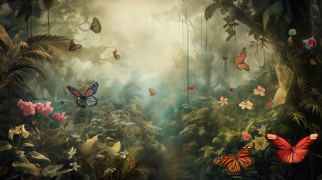 Vintage wallpaper of a wild rainforest with rare butterflies, lush flora and hidden caves in soft pastel colors. mural art style. 