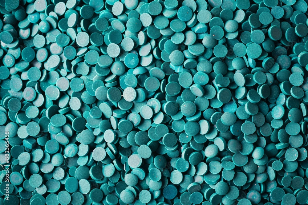 Aufkleber turquoise plastic pellets form a dynamic composition, filling the frame with a close-up view