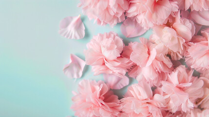 Beautiful pastel pink blossoms and petals arranged on a light turquoise background, showcasing nature's delicate beauty.