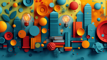 A vibrant and engaging design with a mix of bright yellows, oranges, and greens, adorned with abstract icons of books, pencils, and lightbulbs