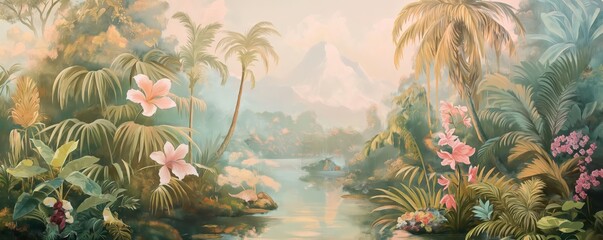 Fototapeta premium Vintage wallpaper of an enchanted jungle with rare orchids, tall palms and crystal-clear pools in pastel hues. mural art style. 