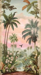 Fototapeta premium Vintage wallpaper of an exotic forest with parrots and orchids, tall palms and sunset skies in pastel colors. mural art style. 
