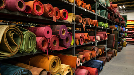 A warehouse filled with rolls of multicolored genuine leather, neatly organized on the shelves. The skin is represented in a wide range.