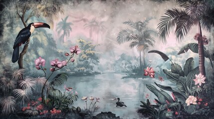 Vintage wallpaper of an exotic forest with toucans, blooming orchids and hidden streams in pastel tones. mural art style. 