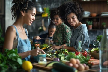 Four women of mixed ethnicity gather in cozy kitchen to cook together. Red bell pepper is sliced, salad arranged, knife held. Fresh produce surrounds, including bananas, carrots, broccoli.