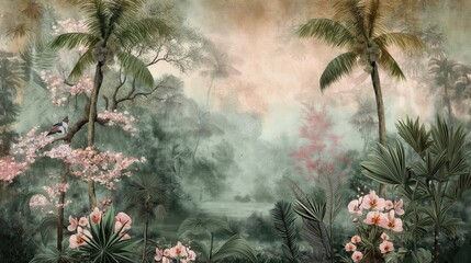 Vintage wallpaper of an exotic forest with toucans, blooming orchids and hidden streams in pastel tones. mural art style. 