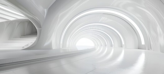 Fototapeta premium Abstract white tunnel with futuristic curves and lighting for background or screensaver. Abstract interior space concept. 3D rendering, in the style of copy spa , banner