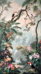 Vintage wallpaper of an exotic forest with toucans, blooming orchids and hidden streams in pastel tones. mural art style. 