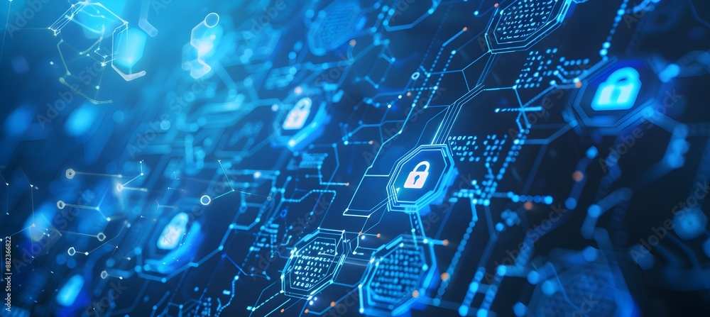 Poster a blue digital background with hexagons and padlock icons, representing data security in technology 