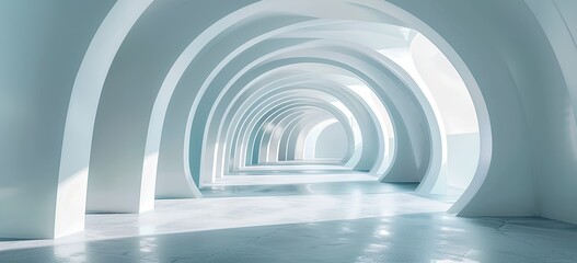 Obraz premium Abstract white futuristic tunnel with arches and light rays. Bright, empty room interior background. Background banner for presentation design