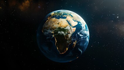 Fototapeta premium Realistic shot of Earth in space with African continent highlighted, symbolizing global unity and the hope for peace between other ethnic groups on earth