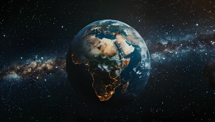 The Earth seen from space, with the Milky Way galaxy in the background. The planet is glowing and there is an outline of Africa visible on its surface. There are also some stars in the sky