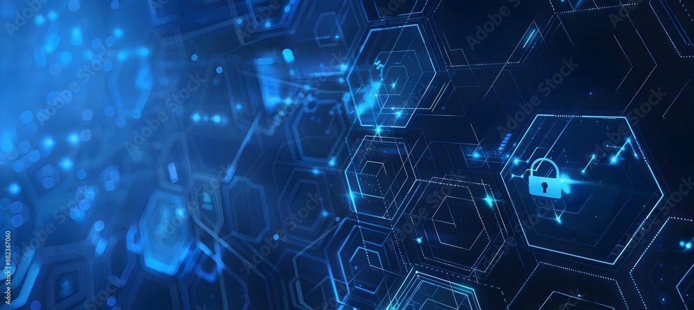 Poster a blue digital background with hexagons and padlock icons, representing data security in technology 