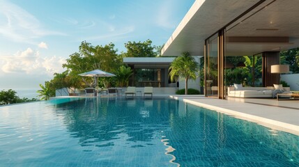 Fototapeta premium real estate luxury exterior design pool villa with interior design living room home, house ,sun bed 